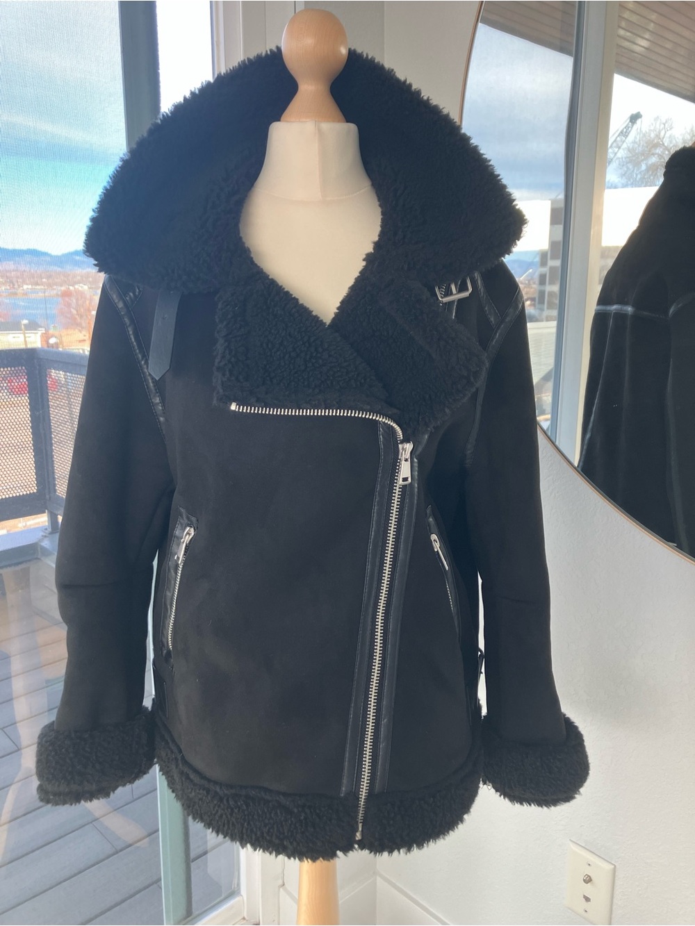 Zara Black Faux Shearling Aviator Jacket